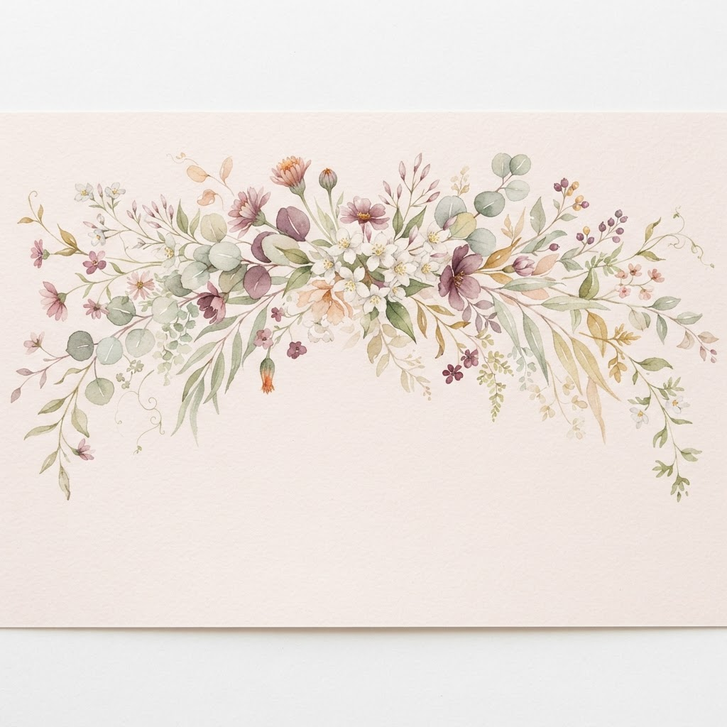 Watercolor illustration of jasmine, marigold buds and eucalyptus leaves